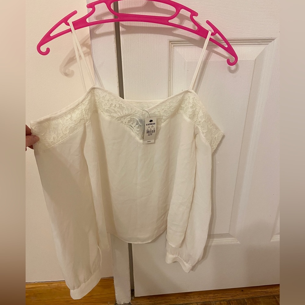 EXPRESS White Open Shoulder Blouse Top Lace Detail XS NWT